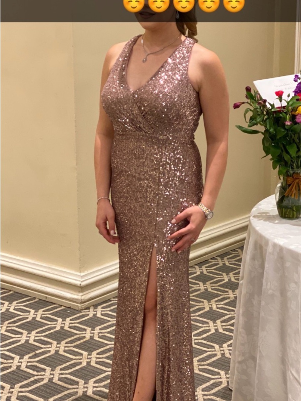 Lani Rose Gold Sequin V-Neck Prom Gown with Front Slit